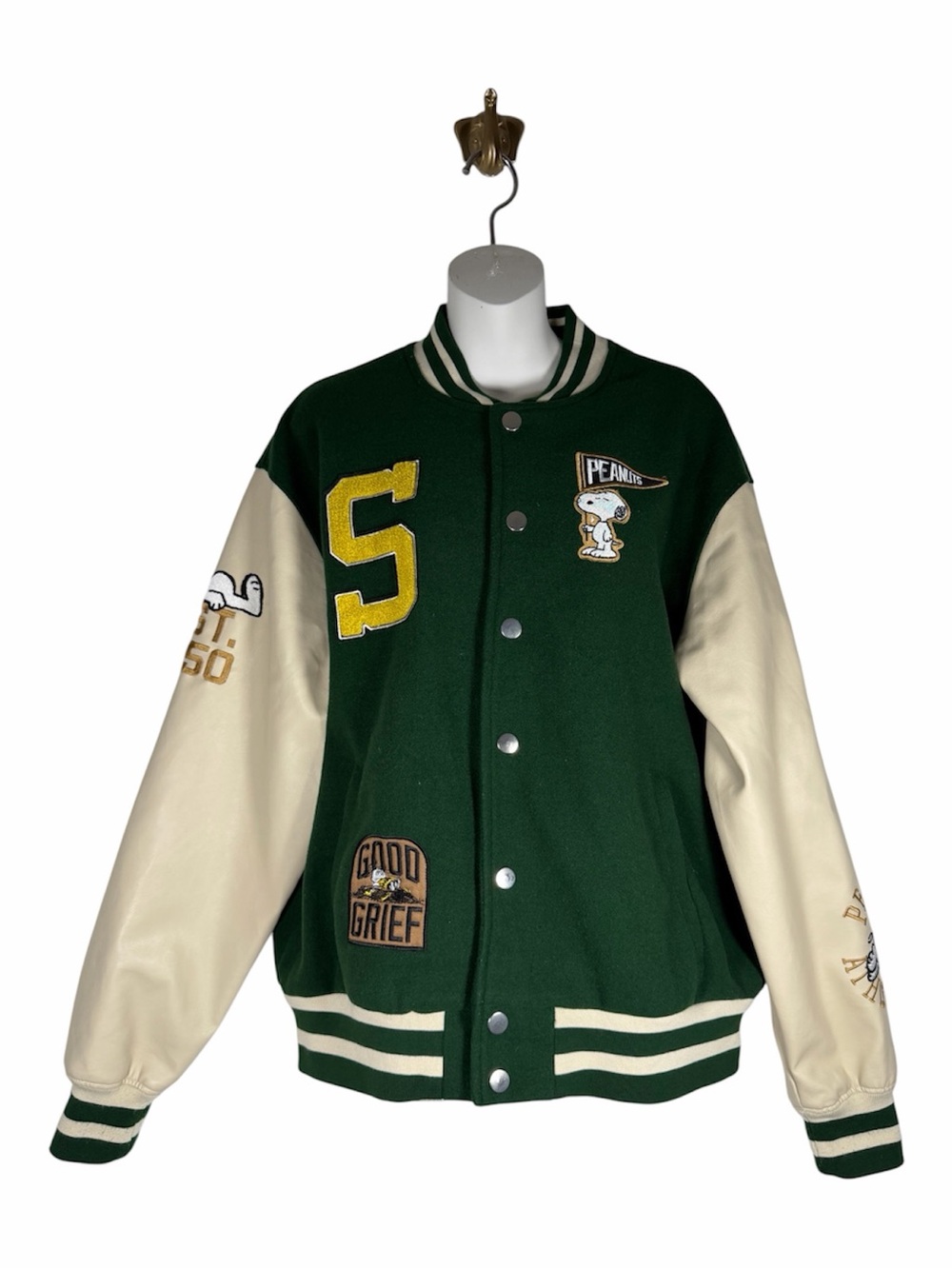 Aeropostale Peanuts Snoopy Varsity Bomber Jacket Green M Sporty Mens Womens Snap